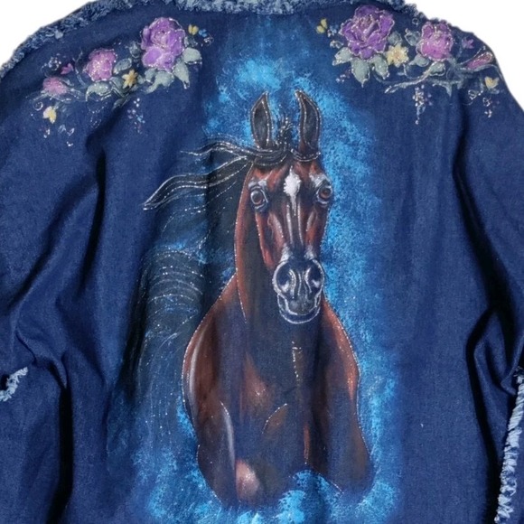 Handmade Denim Hand Painted Horse Open Front Jacket Sz 2X - Picture 3 of 6